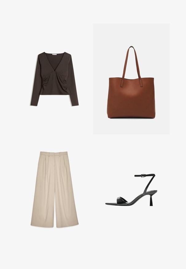 Langsleeve, diep V-hals top in donkerbruine stof. Heeft rimpelingen aan de zijkanten en een cropped ontwerp. Glad van textuur, minimalistische stijl.; Beige wijde broek met een hoge taille, voorzien van voorplooien en een soepele textuur. Ontworpen voor een relaxed fit met een verfijnde uitstraling.; Bershka Sandalen met hoge hak - black; Bruine leren tote bag met een gladde textuur, een ontwerp met een open bovenkant en twee schouderbanden. Kenmerkt zich door minimale stiksels en geen zichtbare hardware.