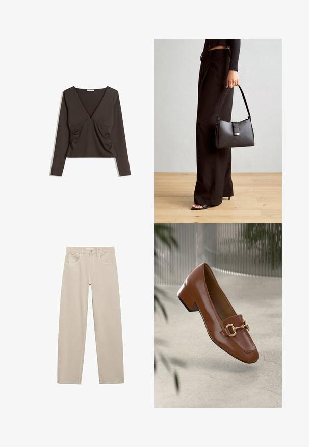 Long-sleeve, deep V-neck top in dark brown fabric. Features ruching on the sides and a cropped design. Smooth texture, minimalistic style.; Beige trousers made of cotton, featuring a straight-leg design, front pockets, and a single button closure at the waist.; Brown patent leather loafer with square toe, metallic chain accent, and low block heel; smooth texture, minimalist design.; Black handbag with structured shape, smooth texture, and a metallic clasp. Paired with wide black pants and open-toe sandals on wooden floor.