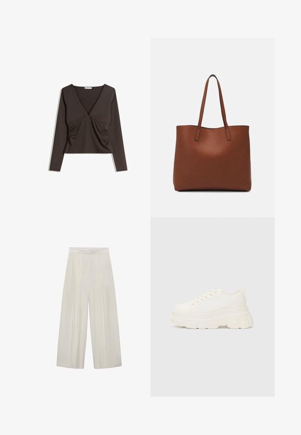 Langærmet top med dyb V-hals i mørkebrunt stof. Har rynkning i siderne og et cropped design. Glat tekstur, minimalistisk stil.; Bredde bukser i lys beige med lodrette hvide striber. Har høj talje, plisseret front og glat tekstur.; Hvide lærreds sneakers med en kraftig sål, rund tå og fem snørehuller. Bagstrop for nem påtagning. Glat tekstur, minimalistisk design.; Brun læder tote taske med en glat overflade, åben topdesign og to skulderremme. Har minimal syning og ingen synlig hardware.