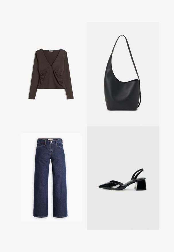 Hosszú ujjú, mély V-nyakú felső sötétbarna anyagból. Oldalt redőzött kialakítás és cropped stílus. Sima textúra, minimál stílus.; Sötétkék farmernadrág magas derékkal, bővülő szárakkal és finom narancssárga varrással. Elöl gombos és cipzáras záródással rendelkezik.; Fekete lakk bőr szandálkés magas sarkú cipő, hegyes orral és geometrikus tömbsarkakkal. Karcsú, minimalista dizájn és sima textúra jellemzi.; Fekete bőr hobo táska sima textúrával, ívelt formával és egyetlen állítható pánttal; széles nyílás található a tetején.