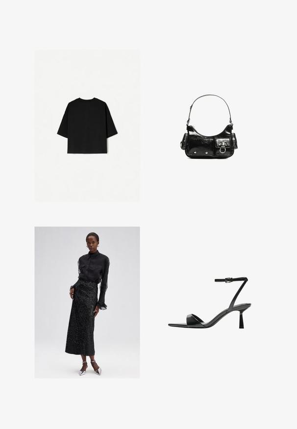 Musta ylisuuria T-paita lyhyillä hihoilla, pyöreällä pääntieellä ja suorella helmallä. Valmistettu pehmeästä puuvillasta, jolla on tasainen koostumus. Takakatsaus.; Musta napitettava paita, jossa on läpinäkyvät hihat, yhdistettynä paljettimustaan midi-hameeseen ja hopeisiin korkokenkiin. Tyylikäs ja tekstuuriherkkä muotoilu.; Bershka Korolliset sandaalit - black; Mustekko mustasta kiiltonahasta valmistettu käsilaukku, jossa on kaareva muoto, yksi olkahihna, etutaskut ja hopeanväriset yksityiskohdat.