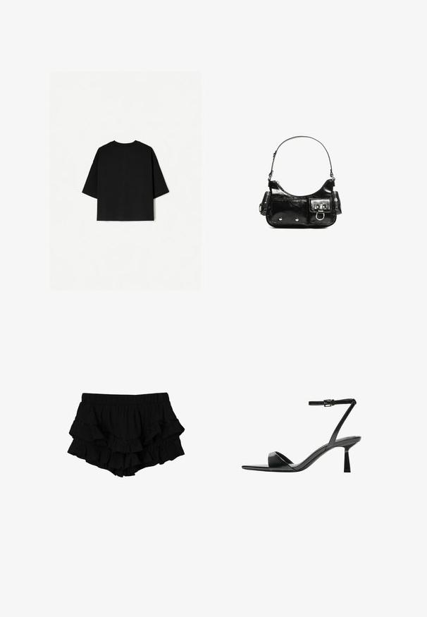 Schwarzes Oversized-T-Shirt mit kurzen Ärmeln, Rundhalsausschnitt und geradem Saum. Hergestellt aus weicher Baumwolle mit glatter Textur. Nur Rückansicht.; Schwarze Rüschenshorts mit elastischem Bund, die drei Lagen von Rüschen und einen dezenten strukturierten Stoff aufweisen, was eine schichtartige Silhouette schafft.; Bershka High Heel Sandalette - black; Schwarze Lackleder-Handtasche mit geschwungenem Design, einem Schulterriemen, Vordertaschen und silberfarbenen Hardware-Akzenten.