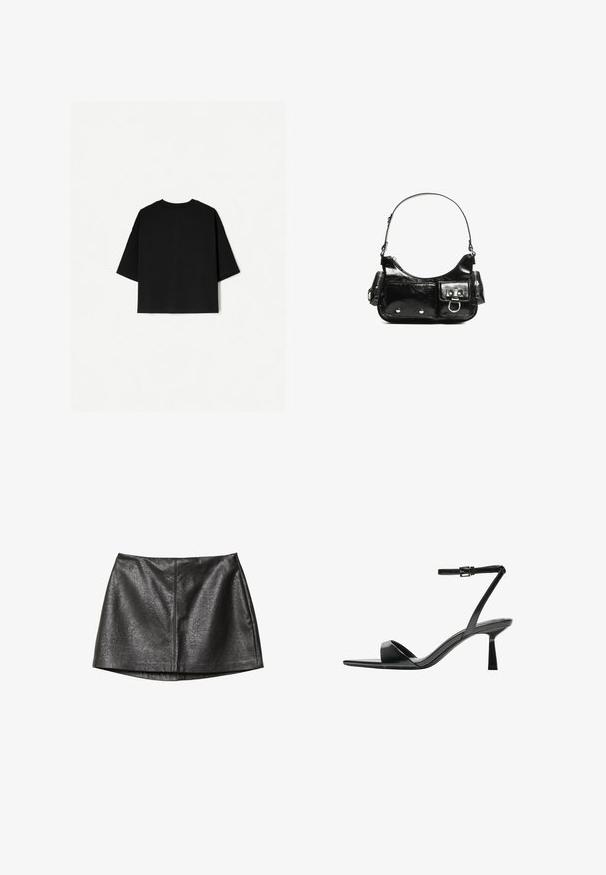 T-shirt noir surdimensionné avec des manches courtes, un col rond et un ourlet droit. Fabriqué en coton doux avec une texture lisse. Vue arrière seulement.; Jupe en simili cuir noir avec une texture lisse, présentant une coupe droite et un léger brillant, conçue avec des détails de couture minimaux.; Bershka Sandales à talons hauts - black; Sac à main en cuir verni noir avec une forme incurvée, une bandoulière, des poches avant et des accents en métal argenté.