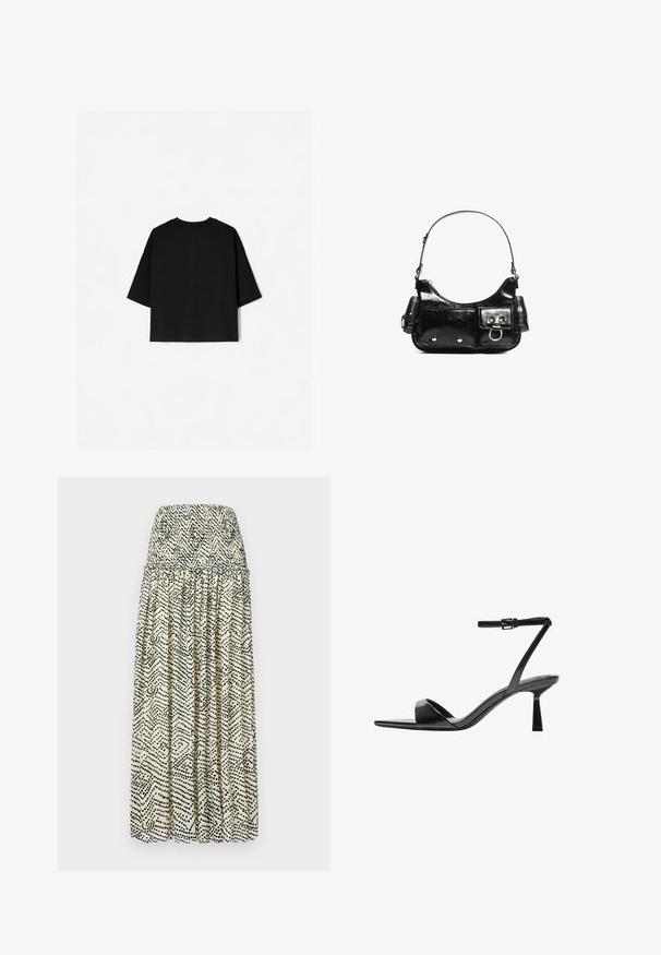 Tricou negru supradimensionat cu mâneci scurte, decolteu circular și tiv drept. Fabricat din bumbac moale, cu o textură netedă. Vedere din spate doar.; Fustă maxi crem cu un model abstract negru. Dispune de un tiv elastic, un design pliat și o siluetă fluidă.; Bershka Sandale cu toc - black; Geantă de mână din piele lăcuită neagră, cu o formă curbată, un umăr, buzunare frontale și accente din metal argintiu.