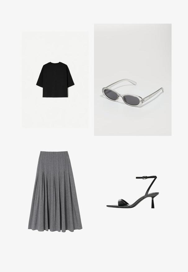 T-shirt noir surdimensionné avec des manches courtes, un col rond et un ourlet droit. Fabriqué en coton doux avec une texture lisse. Vue arrière seulement.; Jupe plissée grise en tissu léger. Présente une taille cintrée et s'évasent doucement vers l'ourlet avec une texture lisse.; Bershka Sandales à talons hauts - black; Lunettes de soleil de forme ovale, monture en plastique transparent, verres gris foncé et branches transparentes fines avec des accents de logo et un minimalisme dans les détails.; Sac à main en cuir verni noir avec une forme incurvée, une bandoulière, des poches avant et des accents en métal argenté.