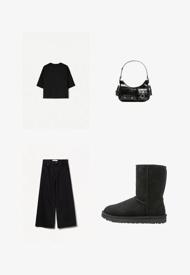 Czarna, oversize koszulka z krótkimi rękawami, okrągłym dekoltem i prostym wykończeniem. Wykonana z miękkiej bawełny o gładkiej fakturze. Widok z tyłu.; Bershka WIDE czarny; Czarny zamszowy botek sięgający kostki z okrągłym noskiem, przeszytymi szwami i płaską gumową podeszwą. Posiada prosty design bez ozdób.; Czarna torebka z lakierowanej skóry o zaokrąglonym kształcie, z jednym paskiem na ramię, przednimi kieszeniami i akcentami w kolorze srebrnym.