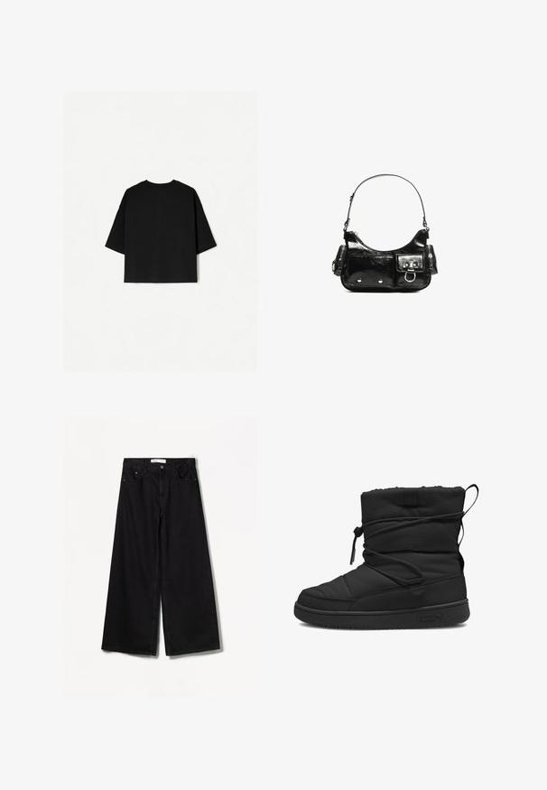 Fekete, bő szabású póló rövid ujjakkal, kerek nyakkivágással és egyenes szegéllyel. Puha pamutból készült, sima textúrával. Csak a hátsó nézet látható.; Bershka WIDE-LEG - Széles szárú - black; Fekete szigetelt csizma steppelt textúrával, rugalmas húzózsinórral, párnázott felsőrésszel és gumitalppal, amelyen minimalist logó található.; Fekete lakkbőr kézitáska ívelt formával, egy vállpánttal, elülső zsebekkel és ezüstszínű fémrészletekkel.