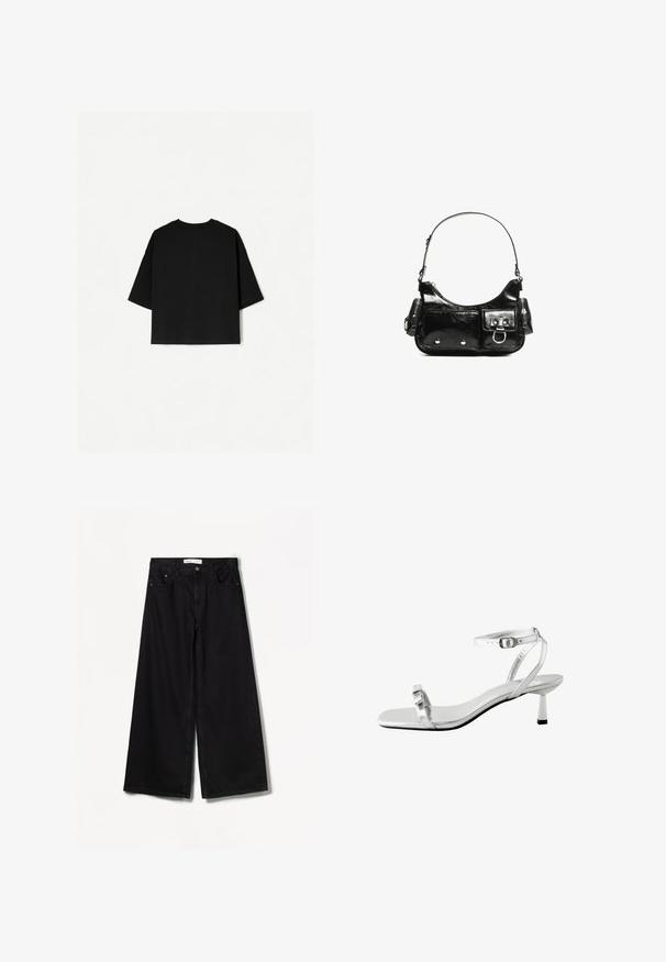 Black oversized T-shirt with short sleeves, crew neckline, and a straight hem. Made of soft cotton with a smooth texture. Back view only.; Bershka WIDE-LEG - Wide Leg - black; Silver heeled sandal with a square toe, thin ankle strap, and a small block heel. Smooth metallic surface and minimalistic design.; Black patent leather handbag with a curved shape, one shoulder strap, front pockets, and silver-tone hardware accents.