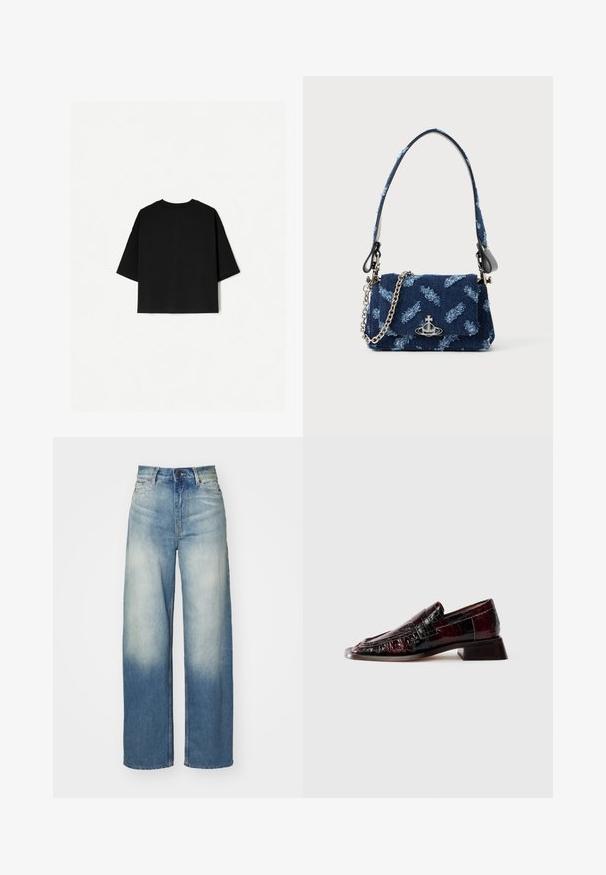 Tricou negru supradimensionat cu mâneci scurte, decolteu circular și tiv drept. Fabricat din bumbac moale, cu o textură netedă. Vedere din spate doar.; Jeans largi de culoare albastru deschis, cu talie înaltă, fabricați din denim, având un gradient estompat, cinci buzunare și accente din metal.; Mocasini din piele laică de culoare burgundă închisă, cu finition texturat, toc mic și detalii clasice cu bandă pentru monede, prezentat din lateral.; Geantă din material bleu marin cu un design texturat, elemente din metal argintiu și o curea din lanț detașabilă. Dispune de o închidere cu clapetă și un accent cu logo.