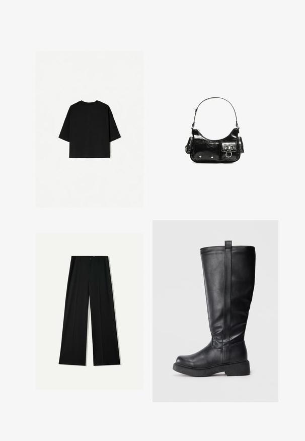 Fekete, bő szabású póló rövid ujjakkal, kerek nyakkivágással és egyenes szegéllyel. Puha pamutból készült, sima textúrával. Csak a hátsó nézet látható.; Bershka WIDE - Nadrágok - black; Fekete, térd fölé érő csizma sima bőrből, lapos talppal, oldalsó varrással és egy kis húzófüllel a tetején a könnyű felhúzhatóság érdekében.; Fekete lakkbőr kézitáska ívelt formával, egy vállpánttal, elülső zsebekkel és ezüstszínű fémrészletekkel.