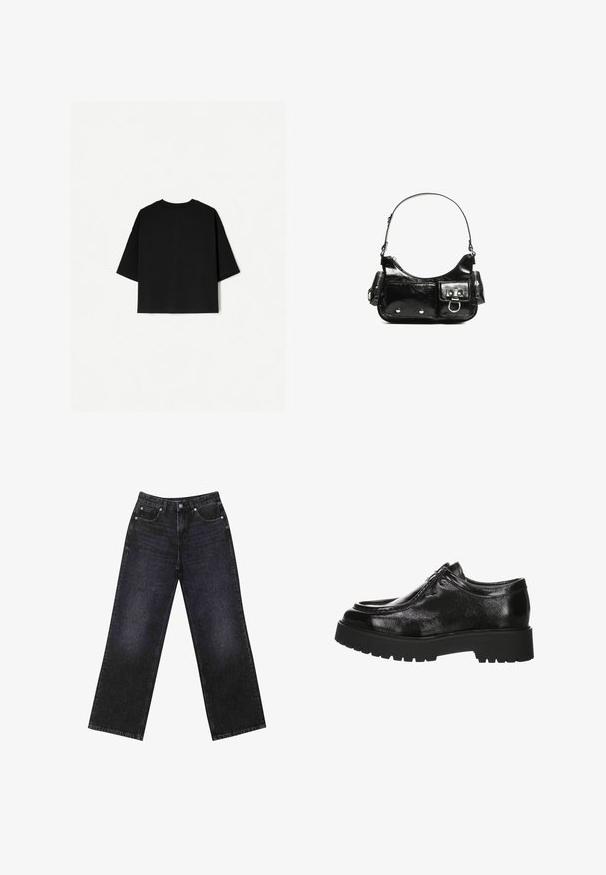 Black oversized T-shirt with short sleeves, crew neckline, and a straight hem. Made of soft cotton with a smooth texture. Back view only.; High-waisted black denim jeans with a wide-leg cut, five-pocket design, and visible stitching. Fabric has a smooth, slightly textured finish.; Black leather shoes with a glossy finish, rounded toe, and thick black outsole featuring a tread design; lace-up with subtle stitching details.; Black patent leather handbag with a curved shape, one shoulder strap, front pockets, and silver-tone hardware accents.