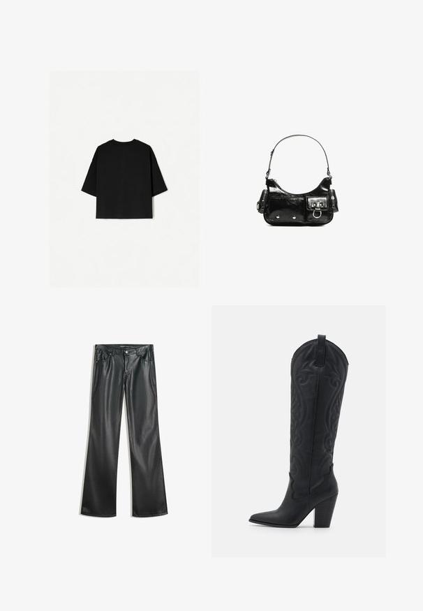 Fekete, bő szabású póló rövid ujjakkal, kerek nyakkivágással és egyenes szegéllyel. Puha pamutból készült, sima textúrával. Csak a hátsó nézet látható.; Fekete műbőr bővülő nadrág sima textúrával, öt zsebbel, elülső cipzárral és kontrasztos varrásokkal.; Zign Cowboy és motoros csizmák - black; Fekete lakkbőr kézitáska ívelt formával, egy vállpánttal, elülső zsebekkel és ezüstszínű fémrészletekkel.