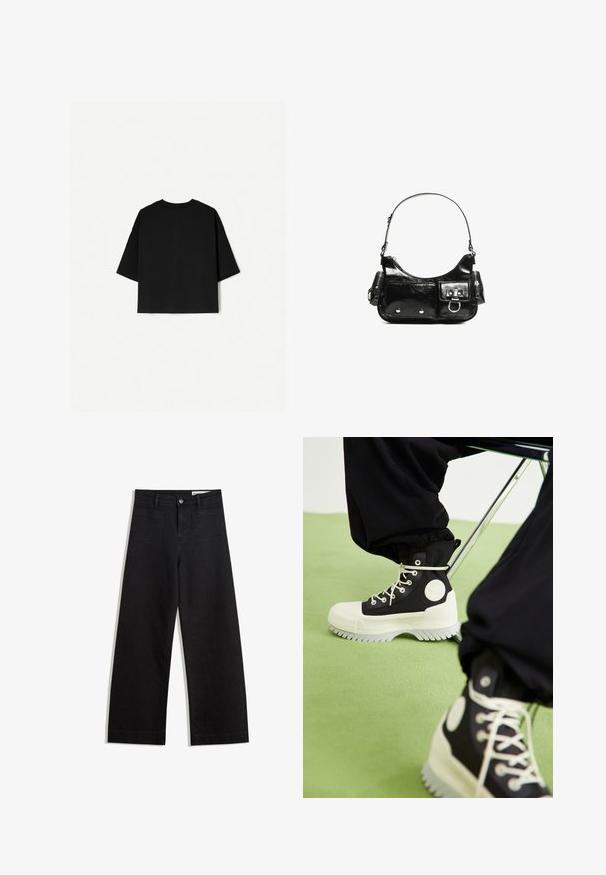 Black oversized T-shirt with short sleeves, crew neckline, and a straight hem. Made of soft cotton with a smooth texture. Back view only.; Black wide-leg denim pants with a high waist, featuring front and back pockets, stitched seams, and a button closure. Smooth texture.; Converse CHUCK TAYLOR ALL STAR LUGGED 2.0 PLATFORM COUNTER CLIMATE EXTRA HIGH - Lace-up ankle boots - black/egret; Black patent leather handbag with a curved shape, one shoulder strap, front pockets, and silver-tone hardware accents.