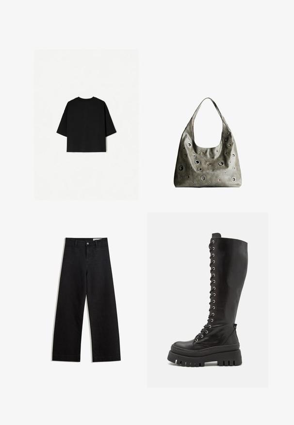 Tricou negru supradimensionat cu mâneci scurte, decolteu circular și tiv drept. Fabricat din bumbac moale, cu o textură netedă. Vedere din spate doar.; Pantaloni din denim negri cu picioare largi, cu talie înaltă, având buzunare frontale și posterioare, cusături dublate și închidere cu nasture. Textură netedă.; Steve Madden CARINA - Cizme cu platformă - black; Geantă din piele de culoare verde măslin, cu un design relaxat, având decupaje circulare de diverse dimensiuni și accente în nuanțe mai închise și mai clare.