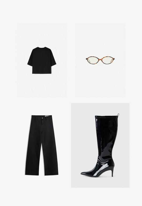 Tricou negru supradimensionat cu mâneci scurte, decolteu circular și tiv drept. Fabricat din bumbac moale, cu o textură netedă. Vedere din spate doar.; Pantaloni din denim negri cu picioare largi, cu talie înaltă, având buzunare frontale și posterioare, cusături dublate și închidere cu nasture. Textură netedă.; Cizmă din piele patent neagră, până la genunchi, cu vârf ascuțit și toc subțire, înalt. Dispune de un fermoar la spate și o textură netedă, lucioasă.; Ochelari cu ramă din tartan, cu lentile ovale și un finisaj elegant, neted. Prezintă margini subțiri cu o curbură subtilă la tâmple. Lentile clare.