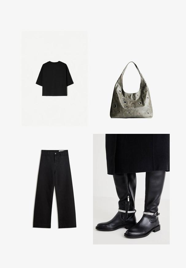 Black oversized T-shirt with short sleeves, crew neckline, and a straight hem. Made of soft cotton with a smooth texture. Back view only.; Black wide-leg denim pants with a high waist, featuring front and back pockets, stitched seams, and a button closure. Smooth texture.; Black leather knee-high boots with a side zipper, featuring a silver accent strap around the ankle and a low block heel.; Olive green leather handbag with a slouchy design, featuring various sized circular cutouts and accents in darker and lighter shades.