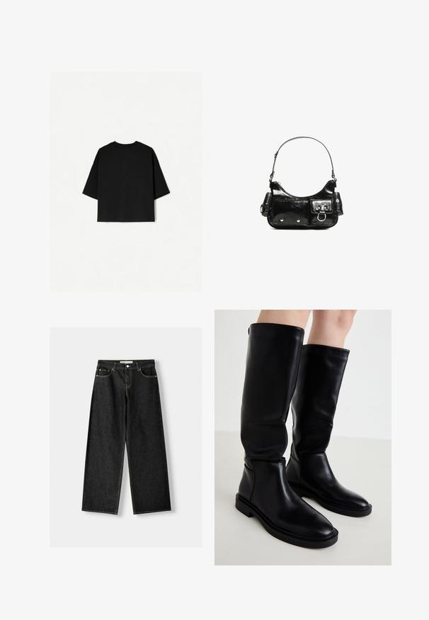 Fekete, bő szabású póló rövid ujjakkal, kerek nyakkivágással és egyenes szegéllyel. Puha pamutból készült, sima textúrával. Csak a hátsó nézet látható.; Fekete farmer széles szárú nadrág, öt zsebbel, fémből készült gombbal és cipzárral, valamint kontrasztos sárga varrással az illesztéseknél.; Fekete, térd fölé érő csizmák sima bőrből, kerek orral, minimalista dizájnnal és lapos gumitalppal. Oldalt varrási részletezéssel.; Fekete lakkbőr kézitáska ívelt formával, egy vállpánttal, elülső zsebekkel és ezüstszínű fémrészletekkel.
