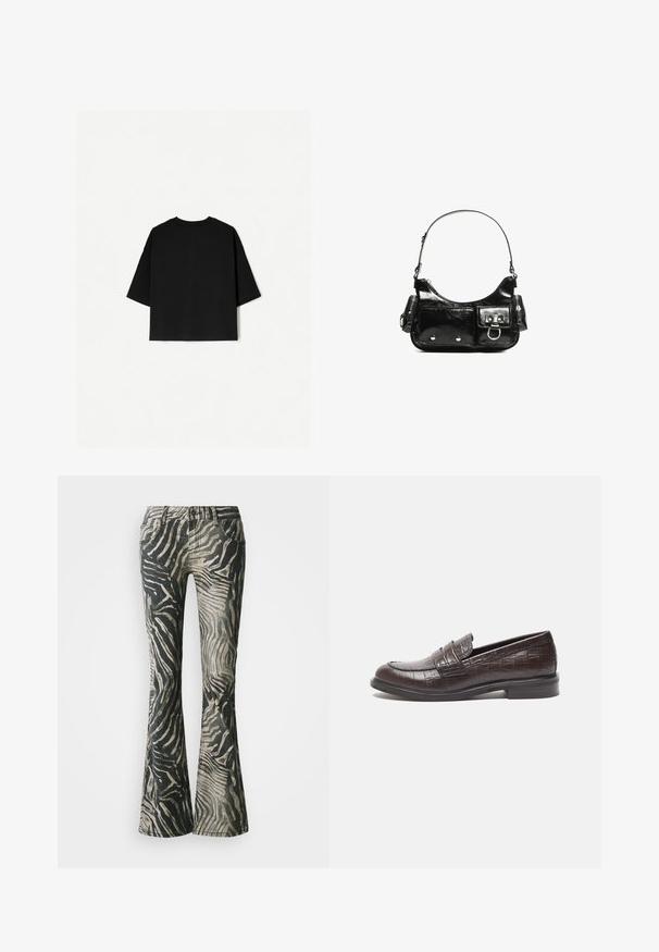 Fekete, bő szabású póló rövid ujjakkal, kerek nyakkivágással és egyenes szegéllyel. Puha pamutból készült, sima textúrával. Csak a hátsó nézet látható.; Fellágyult farmernadrág fekete és bézs zebra mintával, denim anyagból, öt zsebes kialakítással és látható varrási részletekkel.; Sötétbarna bőr loaferek, krokodilbőr textúrával, alacsony sarokkal és varrott részletekkel elöl, a formatervezés növelésére.; Fekete lakkbőr kézitáska ívelt formával, egy vállpánttal, elülső zsebekkel és ezüstszínű fémrészletekkel.