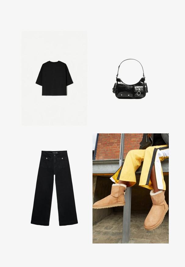 T-shirt nera oversize con maniche corte, scollo rotondo e orlo dritto. Realizzata in cotone morbido con una texture liscia. Vista posteriore solamente.; Jeans neri a gamba larga con vita alta, dotati di due tasche frontali e dettagli in metallo sui bottoni. Il tessuto ha una texture liscia.; Stivali ankle in suede color tan con fodera interna pelosa e suole in gomma piatta, esposti accanto a pantaloni sportivi gialli con strisce nere e bianche.; Borsa a spalla in vernice nera con forma curvata, una tracolla, tasche frontali e dettagli in metallo argentato.
