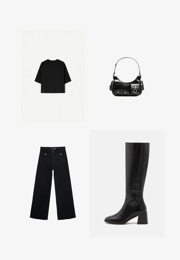 Črna oversized majica s kratkimi rokavi, okroglim izrezom in ravnim robom. Narejena iz mehkega bombaža z gladko teksturo. Oglejte si samo zadnji del.; Črne široke kavbojke z visokim pasom, ki imajo dva sprednja žepa in kovinske gumbi. Tkanina ima gladko teksturo.; ONLY SHOES ONLBIJOU KNEE HIGH BOOT - Škornji - black; Črna lakasta usnjena torbica s ukrivljeno obliko, enim ramenskim trakom, sprednjimi žepi in srebrnimi kovinskimi dodatki.