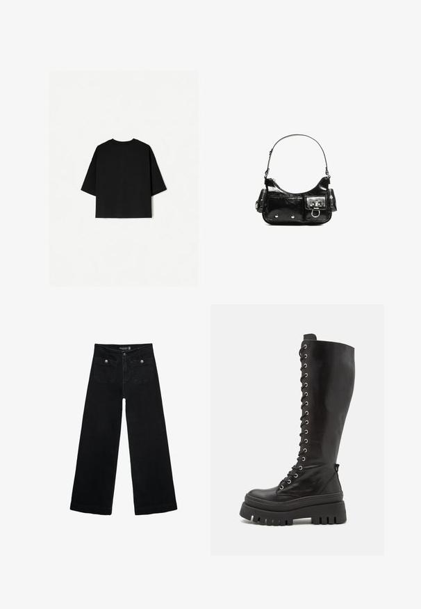 Czarna, oversize koszulka z krótkimi rękawami, okrągłym dekoltem i prostym wykończeniem. Wykonana z miękkiej bawełny o gładkiej fakturze. Widok z tyłu.; Czarne, szerokie dżinsy z wysokim stanem, z dwoma przednimi kieszeniami i metalowymi guzikami. Tkanina ma gładką fakturę.; Steve Madden CARINA czarny; Czarna torebka z lakierowanej skóry o zaokrąglonym kształcie, z jednym paskiem na ramię, przednimi kieszeniami i akcentami w kolorze srebrnym.