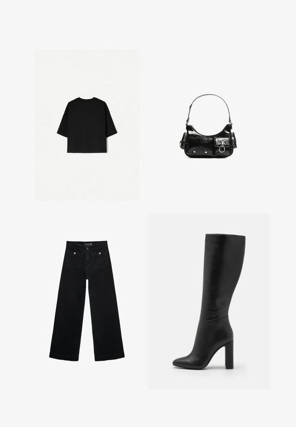 Čierne nadrozmerné tričko s krátkymi rukávmi, okrúhlym výstrihom a rovnými okrajmi. Vyrobené z jemnej bavlny s hladkým povrchom. Pohľad zozadu.; Čierne široké nohavice s vysokým pásom, s dvoma prednými vreckami a kovovými detailmi na gombíku. Tkanina má hladkú textúru.; Čierne kožené čižmy po kolená s ostrou špičkou a vysokým blokovým podpätkom. Hladký povrch s minimalistickým dizajnom a bez viditeľných kovových prvkov.; Čierna laková kožená kabelka s ohnutým tvarom, jedným ramenným popruhom, prednými vreckami a striebornými kovovými doplnkami.