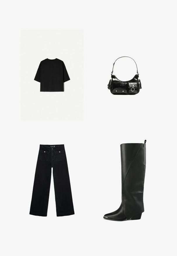 Čierne nadrozmerné tričko s krátkymi rukávmi, okrúhlym výstrihom a rovnými okrajmi. Vyrobené z jemnej bavlny s hladkým povrchom. Pohľad zozadu.; Čierne široké nohavice s vysokým pásom, s dvoma prednými vreckami a kovovými detailmi na gombíku. Tkanina má hladkú textúru.; Čierne kožené čižmy po kolená s špicatou špičkou, ostrým dizajnom, zaobleným švom a nízkym blokovým podpätkom.; Čierna laková kožená kabelka s ohnutým tvarom, jedným ramenným popruhom, prednými vreckami a striebornými kovovými doplnkami.