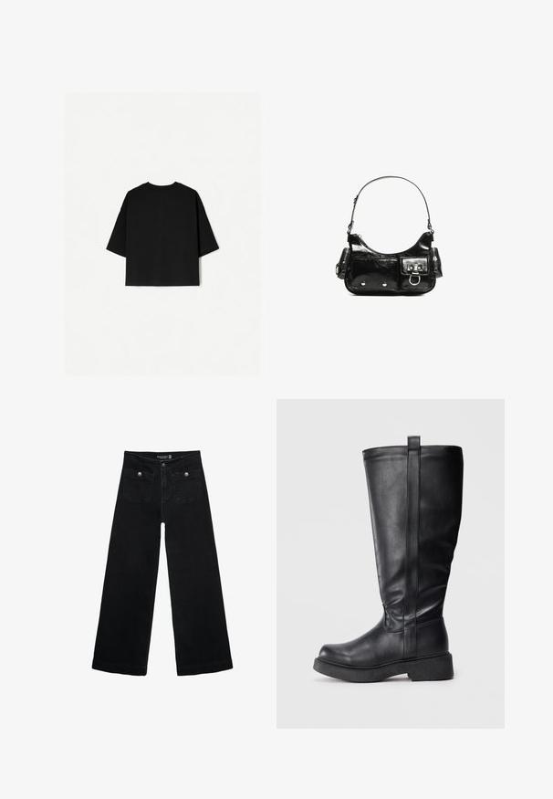 Schwarzes Oversized-T-Shirt mit kurzen Ärmeln, Rundhalsausschnitt und geradem Saum. Hergestellt aus weicher Baumwolle mit glatter Textur. Nur Rückansicht.; Schwarze, weit geschnittene Jeans mit hoher Taille, die zwei Fronttaschen und metallene Knopfakzente aufweist. Der Stoff hat eine glatte Textur.; Schwarze knielange Stiefel aus glattem Leder mit flacher Sohle, die eine Seitennaht und eine kleine Schlaufe an der Oberseite für ein einfaches Anziehen aufweisen.; Schwarze Lackleder-Handtasche mit geschwungenem Design, einem Schulterriemen, Vordertaschen und silberfarbenen Hardware-Akzenten.