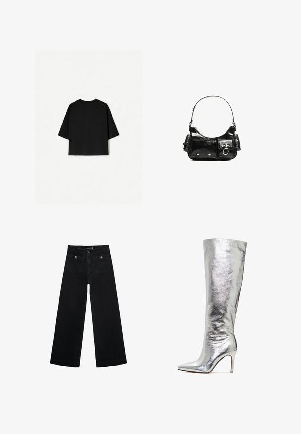 T-shirt noir surdimensionné avec des manches courtes, un col rond et un ourlet droit. Fabriqué en coton doux avec une texture lisse. Vue arrière seulement.; Jean's larges noires avec taille haute, dotés de deux poches avant et d'accents en métal sur les boutons. Le tissu a une texture lisse.; Botte en stiletto argentée, haute, à bout pointu, fabriquée en matériau métallique brillant, avec un design épuré et ajusté et un talon haut.; Sac à main en cuir verni noir avec une forme incurvée, une bandoulière, des poches avant et des accents en métal argenté.