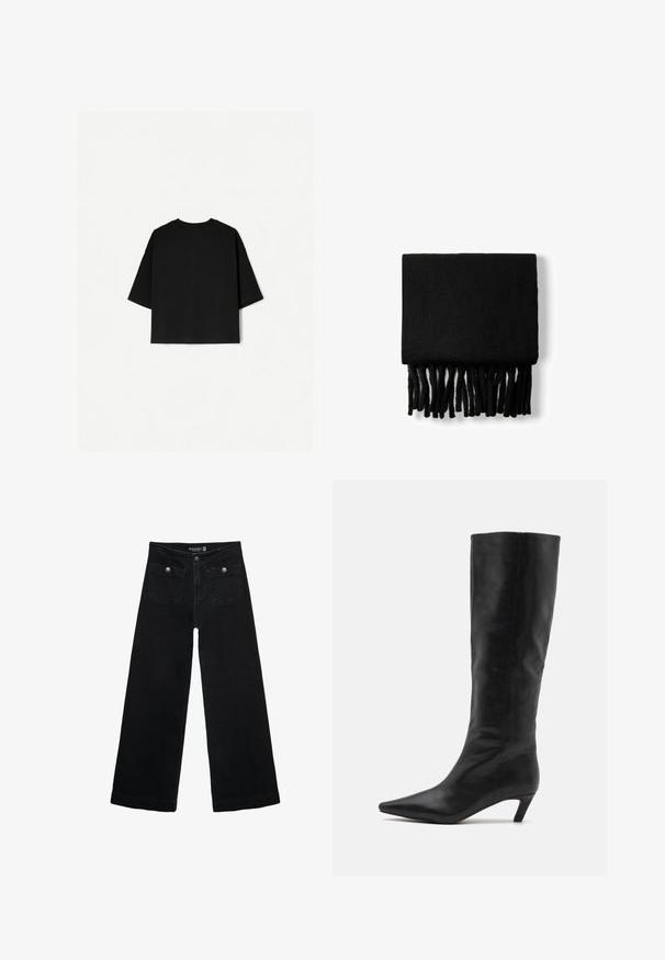 Musta ylisuuria T-paita lyhyillä hihoilla, pyöreällä pääntieellä ja suorella helmallä. Valmistettu pehmeästä puuvillasta, jolla on tasainen koostumus. Takakatsaus.; Mustat leveälahkeiset farkut korkean vyötärön kanssa, joissa on kaksi etutaskua ja metalliset nappikoristeet. Kangas on sileä.; RAID FLAURA - Saappaat - black; Bershka PLAIN-COLOURED - Huivi - black