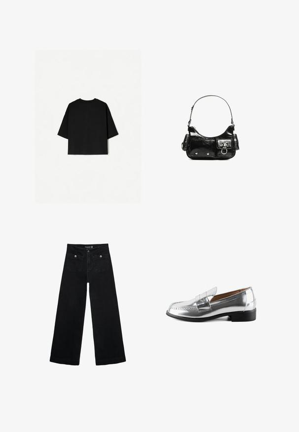Czarna, oversize koszulka z krótkimi rękawami, okrągłym dekoltem i prostym wykończeniem. Wykonana z miękkiej bawełny o gładkiej fakturze. Widok z tyłu.; Czarne, szerokie dżinsy z wysokim stanem, z dwoma przednimi kieszeniami i metalowymi guzikami. Tkanina ma gładką fakturę.; Srebrny skórzany mokasyn z okrągłym czubkiem i przeszyciami. Posiada płaską czarną podeszwę i gładką, odbijającą światło fakturę.; Czarna torebka z lakierowanej skóry o zaokrąglonym kształcie, z jednym paskiem na ramię, przednimi kieszeniami i akcentami w kolorze srebrnym.