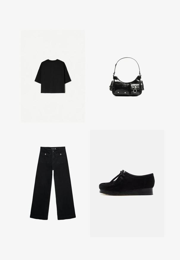 Černé oversized tričko s krátkým rukávem, kulatým výstřihem a rovného střihu. Vyrobeno z měkké bavlny s hladkou texturou. Pohled zezadu.; Černé široké džíny s vysokým pasem, obsahující dvě přední kapsy a kovové knoflíkové detaily. Látka má hladkou texturu.; Černá semišová bota s kulatou špičkou, prošíváním a detailním tkaničkovým zapínáním. Obsahuje nízkou podešev z gumy pro dodatečné pohodlí.; Černá lakovaná kožená kabelka s křivkovým tvarem, jedním ramenním popruhem, předními kapsami a stříbrnými kovovými detaily.