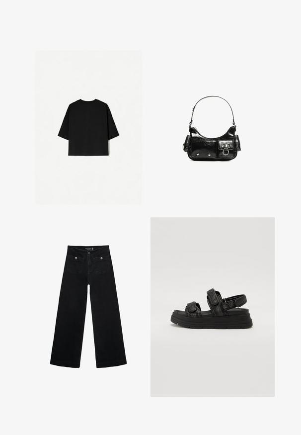 Musta ylisuuria T-paita lyhyillä hihoilla, pyöreällä pääntieellä ja suorella helmallä. Valmistettu pehmeästä puuvillasta, jolla on tasainen koostumus. Takakatsaus.; Mustat leveälahkeiset farkut korkean vyötärön kanssa, joissa on kaksi etutaskua ja metalliset nappikoristeet. Kangas on sileä.; Mustat sandaalit, joissa on teksturoitu hihnadesign, kaksi säädettävää tarranauhakiinnitystä ja paksu kumipohja lisäämään korkeutta.; Mustekko mustasta kiiltonahasta valmistettu käsilaukku, jossa on kaareva muoto, yksi olkahihna, etutaskut ja hopeanväriset yksityiskohdat.