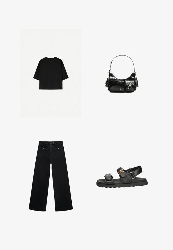 Czarna, oversize koszulka z krótkimi rękawami, okrągłym dekoltem i prostym wykończeniem. Wykonana z miękkiej bawełny o gładkiej fakturze. Widok z tyłu.; Czarne, szerokie dżinsy z wysokim stanem, z dwoma przednimi kieszeniami i metalowymi guzikami. Tkanina ma gładką fakturę.; Czarne skórzane sandały z dwoma regulowanymi paskami ozdobionymi złotymi detalami, z wyściełaną wkładką i teksturowaną czarną gumową podeszwą.; Czarna torebka z lakierowanej skóry o zaokrąglonym kształcie, z jednym paskiem na ramię, przednimi kieszeniami i akcentami w kolorze srebrnym.