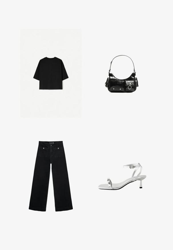 Crna oversized majica s kratkim rukavima, okruglim izrezom i ravnim donjim rubom. Napravljena od mekog pamuka s glatkom teksturom. Samo stražnja strana.; Crne široke traperice s visokim strukom, koje imaju dva prednja džepa i metalne gumbe kao ukrase. Tkanina ima glatku teksturu.; Srebrna sandala s petom u obliku kvadrata, tankim remenom oko gležnja i malim blok petom. Glatka metalik površina i minimalistički dizajn.; Crna patentna kožna torba s zakrivljenim oblikom, jednim remenom za rame, prednjim džepovima i akcentima od srebrnog tona.; Crna patentna kožna torba s zakrivljenim oblikom, jednim remenom za rame, prednjim džepovima i akcentima od srebrnog tona.