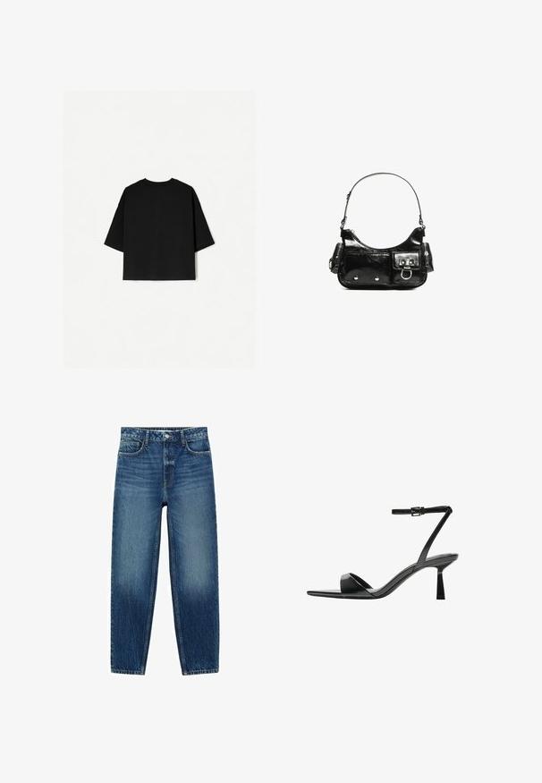 Black oversized T-shirt with short sleeves, crew neckline, and a straight hem. Made of soft cotton with a smooth texture. Back view only.; Blue denim jeans with a high-waisted design, straight legs, five pockets, and subtle fading. Features classic button and zipper closure.; Bershka High heeled sandals - black; Black patent leather handbag with a curved shape, one shoulder strap, front pockets, and silver-tone hardware accents.