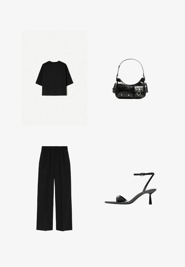 Svart oversized T-shirt med korta ärmar, rundad halsringning och rak nederkant. Tillverkad av mjuk bomull med en slät yta. Endast bakvy.; Marks & Spencer WIDE LEG - Tygbyxor - black; Bershka Sandaletter - black; Svart lackläderhandväska med en rundad form, en axelrem, framfickor och detaljer i silverfärg.