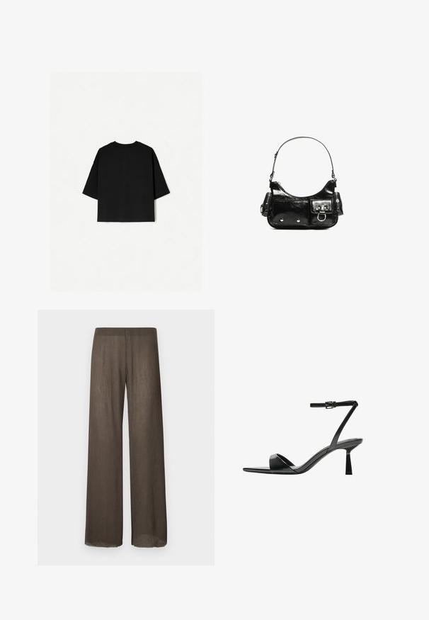 Črna oversized majica s kratkimi rokavi, okroglim izrezom in ravnim robom. Narejena iz mehkega bombaža z gladko teksturo. Oglejte si samo zadnji del.; Široke hlače v temno rjavi, lahko, teksturirani tkanini z mehkim draperanjem. Imajo minimalističen dizajn in surov rob.; Bershka Sandali z visoko peto - black; Črna lakasta usnjena torbica s ukrivljeno obliko, enim ramenskim trakom, sprednjimi žepi in srebrnimi kovinskimi dodatki.