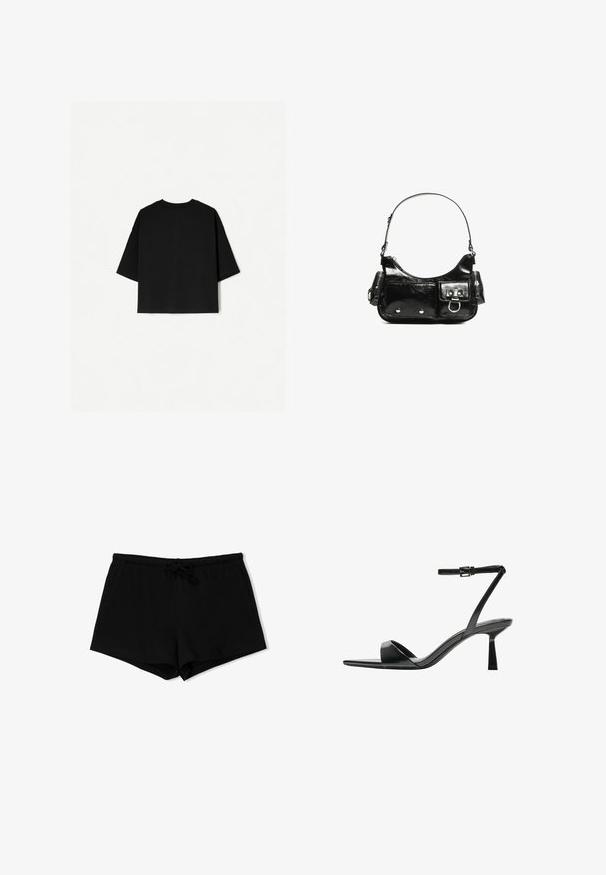 Čierne nadrozmerné tričko s krátkymi rukávmi, okrúhlym výstrihom a rovnými okrajmi. Vyrobené z jemnej bavlny s hladkým povrchom. Pohľad zozadu.; Čierne bavlnené šortky s mäkkou textúrou, elastickým pásom a nastaviteľnou šnúrkou. Majú jednoduchý, funkčný dizajn bez vzorov.; Bershka Sandále na vysokom opätku - black; Čierna laková kožená kabelka s ohnutým tvarom, jedným ramenným popruhom, prednými vreckami a striebornými kovovými doplnkami.