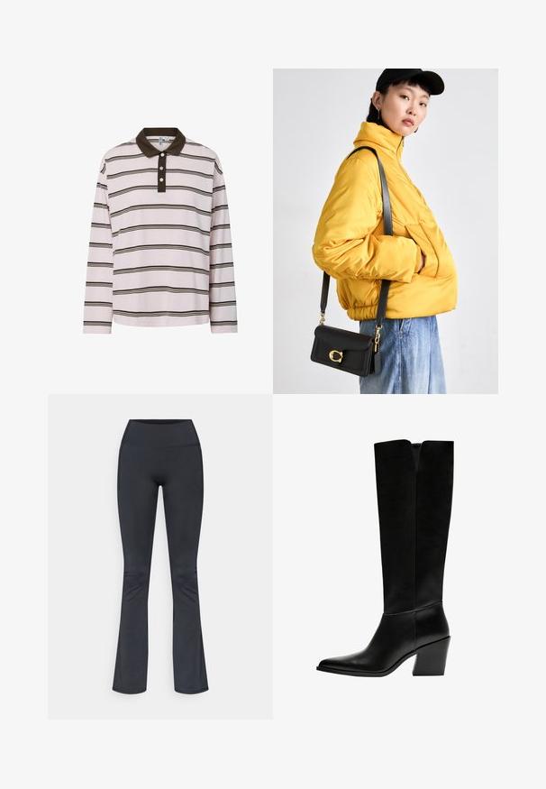 Pánská polokošile s dlouhým rukávem v světle růžové barvě s hnědými vodorovnými pruhy, která má tmavě hnědý límec a tři knoflíky. Měkký bavlněný materiál.; Černé rozšířené legíny z elastického materiálu, vybavené vysokým pasem a bočními kapsami pro funkčnost. Hladká textura, minimální detaily.; Černé kozačky po kolena vyrobené z hladké kůže, s špičatou špičkou, blokovým podpatkem a výřezem ve tvaru V na vrchu.; Žlutá vyteplená bunda s vysokým límcem a přední kapsou, doplněná černou kabelkou přes rameno se zlatými detaily. K tomu casual džíny.