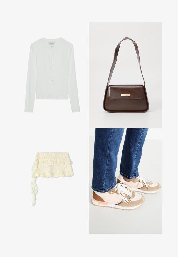 Weißes Langarmoberteil aus geripptem Stoff, mit einem runden Ausschnitt und einer Knopfleiste mit sechs transparenten Knöpfen.; Spitzenstola in Elfenbein mit Fransen; verfügt über komplizierte Blumenmuster; fließt sanft mit einem langen, nachlaufenden Ende.; Sneaker aus einer Kombination von blush-pinkem Leder und beigem Wildleder, mit weißen Schnürsenkeln, einer weißen Zwischensohle und einer strukturierten Gummisohle. Die Jeans aus Denim sind leicht über dem Schuh gekürzt.; Braune Lederschultertasche mit strukturierter Form, ausgestattet mit einem magnetischen Klappenverschluss und einem metallischen Logoakzent auf der Vorderseite.