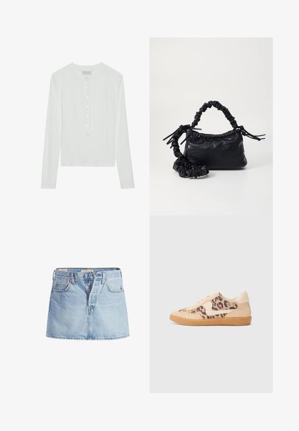 White long-sleeve top made of ribbed fabric, featuring a round neckline and a buttoned front with six clear buttons.; Light blue denim skirt with a fitted waist, five-pocket design, front button closure, and subtle fading throughout the fabric.; Leopard print sneakers with beige suede upper, tan rubber sole, and white accents. Round toe and lace-up design with a textured finish.; Black faux leather handbag with a crocodile texture, cinched top, and a scrunched strap. Appears soft and compact in design.