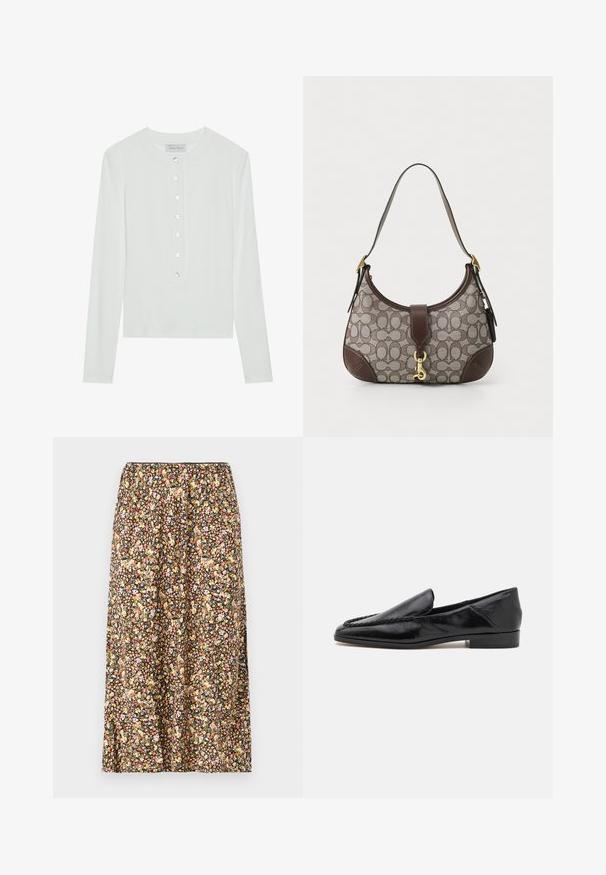 White long-sleeve top made of ribbed fabric, featuring a round neckline and a buttoned front with six clear buttons.; Floral-print skirt with a black background, featuring various small flowers in pink, yellow, and white. Elastic waistband and knee-length cut.; Black leather loafers with a smooth finish, featuring a stitched design along the front edge and a low, square heel.; COACH HAMPTONS HOBO BAG IN SIGNATURE JACQUARD - Handbag - oak maple