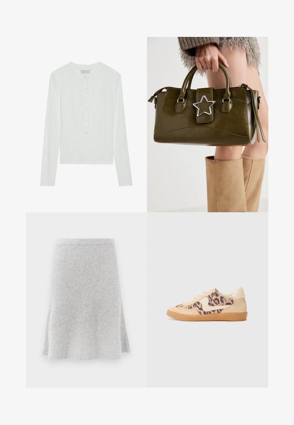 Haut à manches longues blanc en tissu côtelé, avec un col rond et un devant boutonné comportant six boutons transparents.; Jupe en tricot gris avec un design évasé, texture douce et taille confortable. Le tissu semble chaud et adapté à un usage décontracté.; Baskets en imprimé léopard avec tige en suède beige, semelle en caoutchouc tan et accents blancs. Bout rond et design à lacets avec une finition texturée.; Sac à main en simili cuir vert olive avec accent étoilé argenté, deux poignées et fermeture éclair. Surface texturée et forme structurée.