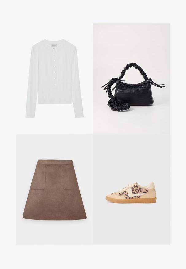 Balts ilgas piedurknes tops, izgatavots no ribota auduma, ar apaļu kakla izgriezumu un pogu priekšpusi ar sešām caurspīdīgām pogām.; Brahns zīda A formas svārki ar gludu tekstūru, ar divām priekšējām kabatām un bezšuvju jostasvietu, paredzēti virs ceļgaliem.; Leoparda drukas kedas ar beidzējo zamša virsu, brūnu gumijas zoli un baltām akcenta detaļām. Apļveida purngals un auklu aizdare ar strukturētu virsmu.; Melnā mākslīgās ādas rokassoma ar krokodila rakstu, savilkta augšdaļa un saburzīta siksna. Izskatās mīksta un kompakta pēc dizaina.