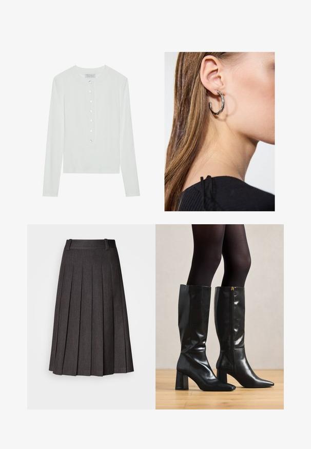 Top alb cu mânecă lungă, realizat dintr-un material cu nervuri, având un guler rotund și un sistem de închidere cu șase butoane transparente.; Fustă plisată gri cu talie plată, lungime midi și textură netedă, având plisuri ascuțite, uniform distribuite pe întreaga suprafață.; Cizme din piele neagră, până la genunchi, cu un finisaj lucios, vârf ascuțit și toc chunky. Detaliu cu fermoar pe lateral pentru o purtare ușoară.; Cercel din argint cu un finisaj polișat, având detalii mici din aur și o formă rotundă, purtat pe lobul urechii.