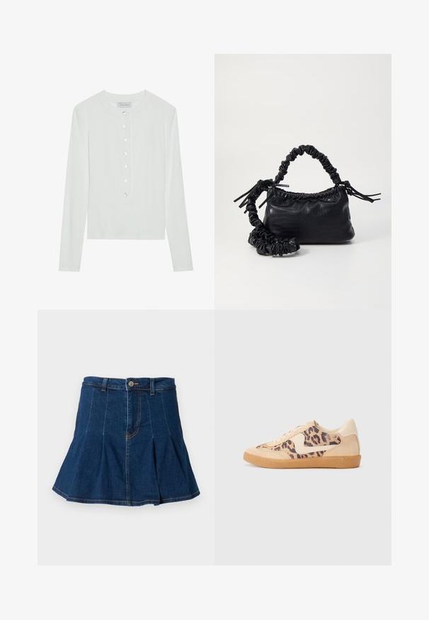 Valge pika varrukaga särk, valmistatud ribakanga iseloomuga, ümmarguse kaelusega ning ees olevate kuue läbipaistva nupuga.; Tume sinine teksaseelik, millel on voltimise disain, viis taskut, ees nööp sulgemine ja kontrastse õmblusega detailid.; Leopardi mustriga tossud, millel on beež sueded ülemine osa, pruuni kummist põhi ja valged aktsendid. Ümar nina ja lipsukujundus, millel on tekstureeritud viimistlus.; Must must sünteetilisest nahast käekott, millel on krokodillimuster, kokku tõmmatav ülaosa ja kortsus rihm. Tundub pehme ja kompaktne disain.