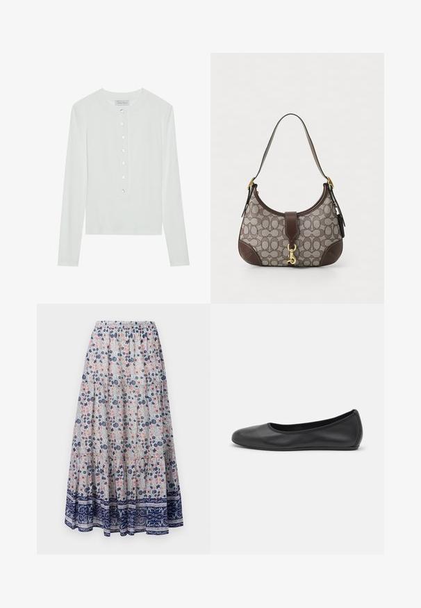 Balts ilgas piedurknes tops, izgatavots no ribota auduma, ar apaļu kakla izgriezumu un pogu priekšpusi ar sešām caurspīdīgām pogām.; Ziedu maksi svārki ar pelēku fona, kuros ir rozā un zilu ziedu raksts, vairāku līmeņu dizains un tumši zila rakstaina apakšmala. Elastīga josta.; Melna ādas baleta kurpe ar noapaļotu purngalu, gludu tekstūru, minimālu šuvju detalizāciju un elastīgu zoles dizainu.; COACH HAMPTONS HOBO BAG IN SIGNATURE JACQUARD - Rokassoma - oak maple