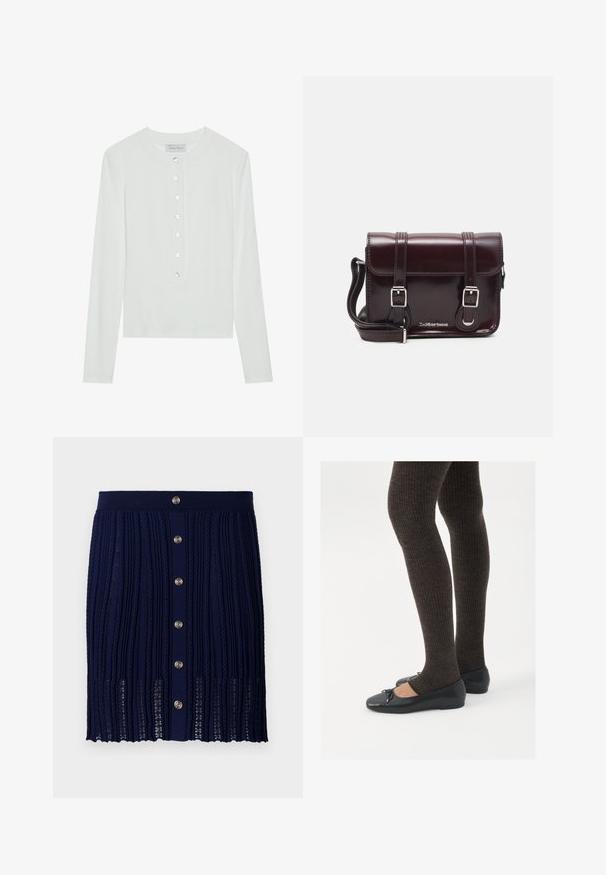 Hvit langermet topp laget av ribbestrikket stoff, med rund halslinning og en knappet front med seks klare knapper.; Maje JITOURA - Miniskjørt - marine; Sorte flate sko med en liten sløyfedetalj på tåen, kombinert med mørkebrune ribbede strømpebukser. Skoene har en glatt overflate og lav profil.; Burgunderfarget patentlær crossover-veske med rektangulær form, to stropper, sølvfarget hardware og klaffelukking.