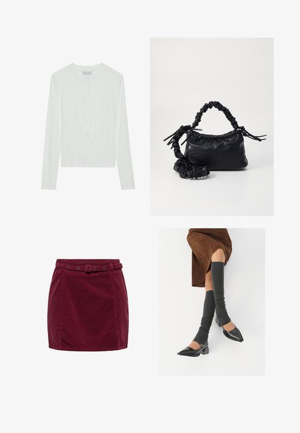 Top bianco a maniche lunghe realizzato in tessuto a costine, presenta un collo rotondo e una parte frontale con sei bottoni trasparenti.; Mini gonna in corduroy bordeaux con cintura abbinata, caratterizzata da una fibbia rettangolare e occhielli in metallo, con piccoli tagli laterali sul bordo.; Scarpe nere in pelle verniciata con punta affilata, tacco a blocco e cinturino alla caviglia, abbinate a scaldamuscoli grigi a coste e una gonna in suede marrone.; Borsa a tracolla in ecopelle nera con texture a coccodrillo, apertura cinchata e tracolla arricciata. Si presenta con un design morbido e compatto.